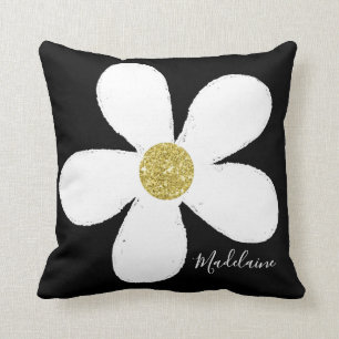 Coussin Noir Blanc personnel simple marguerite Motif or