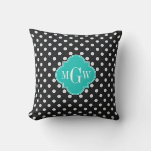 Coussin Noir Blanc Points Polka Turquoise Quatrefeuilles 3