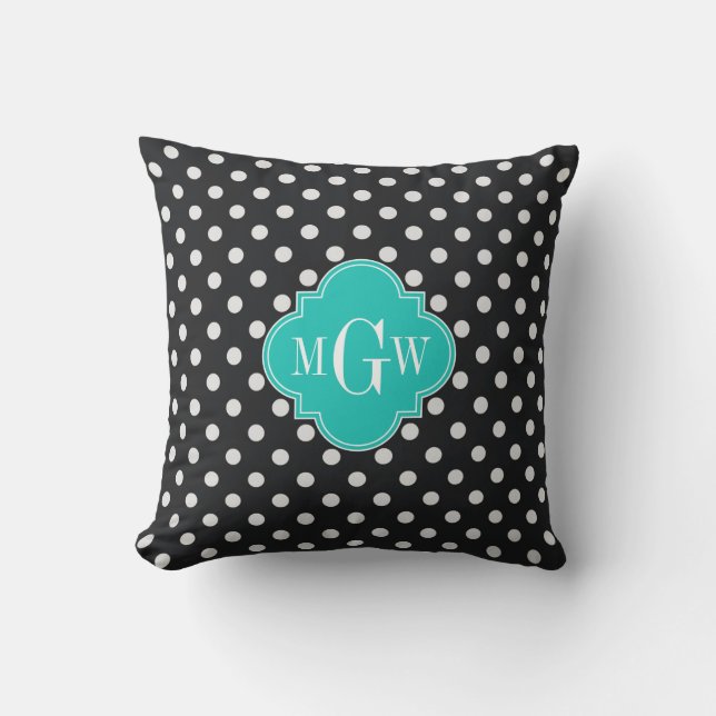 Coussin Noir Blanc Points Polka Turquoise Quatrefeuilles 3 (Recto)