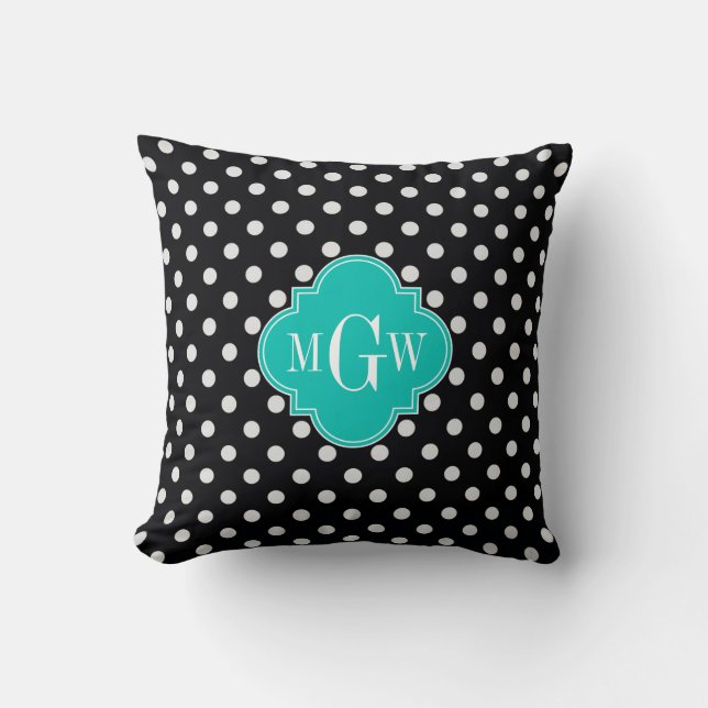 Coussin Noir Blanc Points Polka Turquoise Quatrefeuilles 3 (Recto)