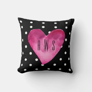 Coussin Noir + Blanc pois Aquarelle Coeur Monogramme