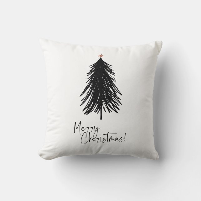Coussin Noir Blanc Simple Joyeux Arbre de Noël (Recto)