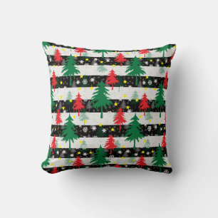 Coussin Noir Blanc Stripes Neiges Rouge Vert Arbres