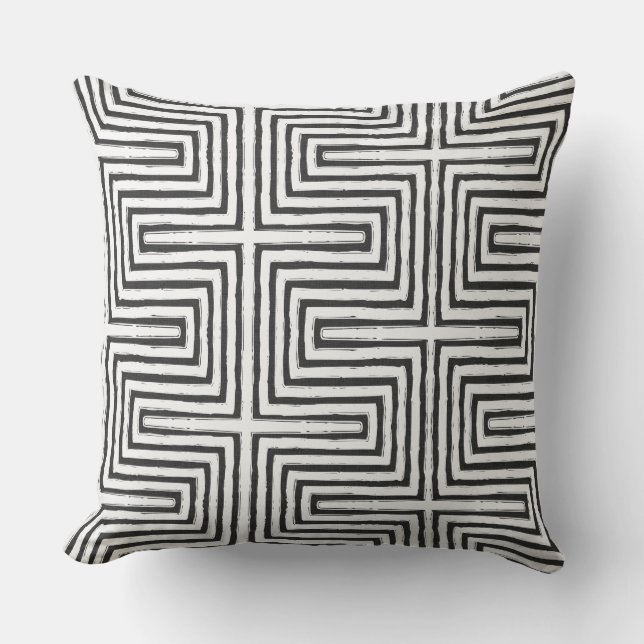 Coussin noir blanc Tribal Maze Boue Motif Africain (Recto)
