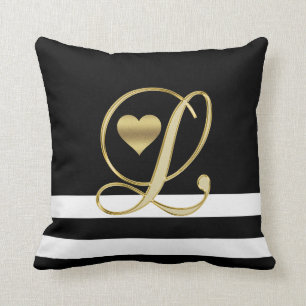 Coussin Noir/blanc uniques d'initiales d'or de monogramme