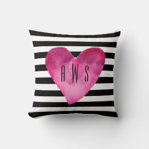 Coussin Noir + Blancs Aquarelle Coeur Monogramme