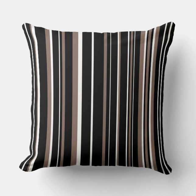 Coussin Noir, Brun Taupe et Rayure de Code-Barres Blanche (Recto)