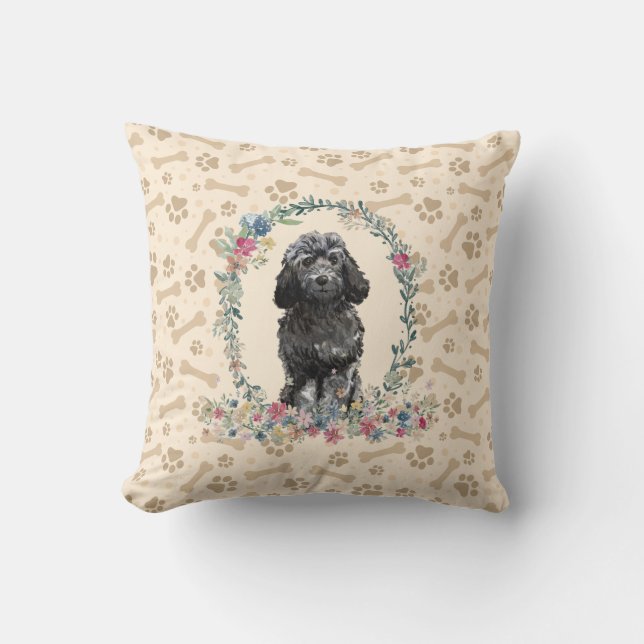 Coussin Noir Cockapoo Chien Empreinte de patte & Floral Cu (Recto)