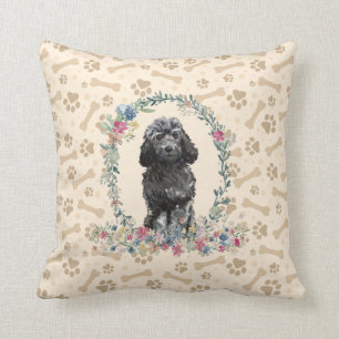 Coussin Noir Cockapoo Chien Empreinte de patte & Floral Cu