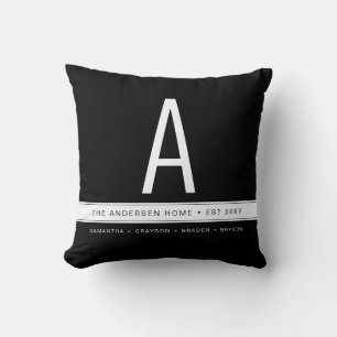 Coussin Noir Couleur Solide Moderne Famille Noms Monogramm