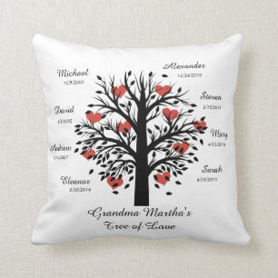 Coussin Noir d'arbre de grand-maman (coeurs) des