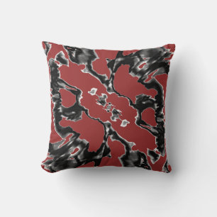 Coussin Noir de Charbon sur Abstrait de Contour Floral Rou