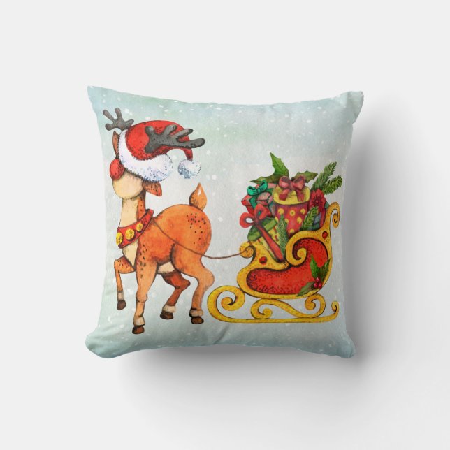 Coussin Noir de renne rouge mignon tirant traîneau Noël (Recto)