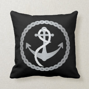 Coussin Noir et Ancre nautique d'argent en cercle de corde