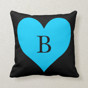 Coussin Noir et Aqua Blue Heart Monogramme