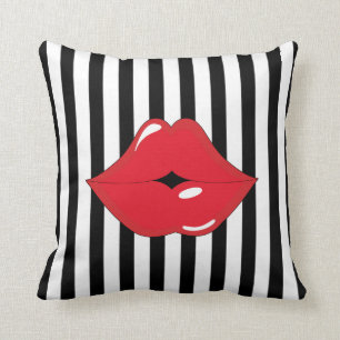 Coussin Noir et blanc barre le carreau rouge de lèvres