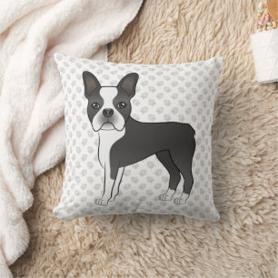 Coussin Noir Et Blanc Boston Terrier Cartoon Chien & Pâtes
