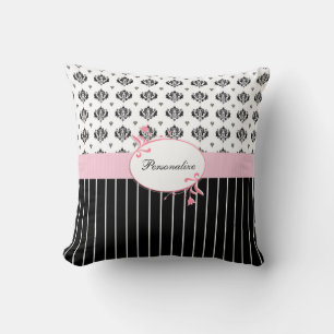 Coussin Noir Et Blanc Damas Chic Rose Floral Avec Nom