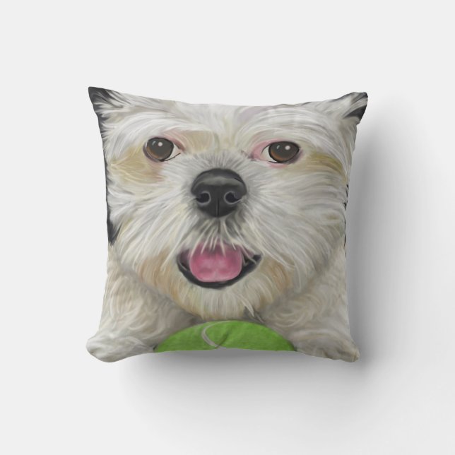 Coussin noir et blanc de Shih Tzu avec de la balle (Recto)