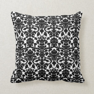Coussin noir et blanc floral vintage de damassé
