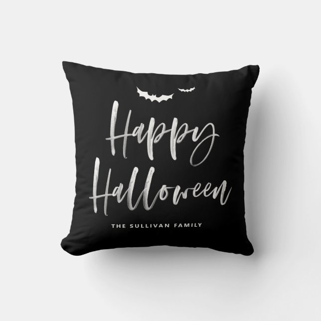 Coussin Noir et blanc Happy Halloween Brush Calligraphie (Recto)