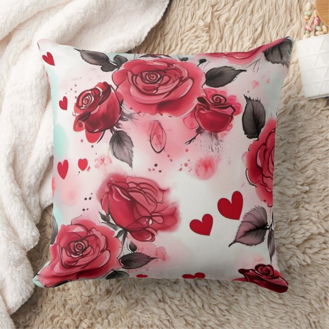 Coussin Noir et blanc, Roses rouges Coeurs Romantique Flor (Couverture)