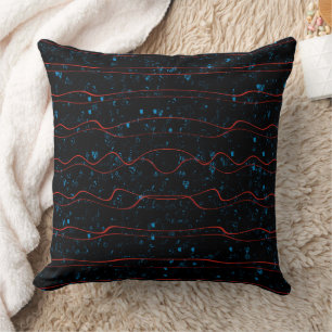 Coussin Noir et Bleu avec des Lignes Rouges Ondulées