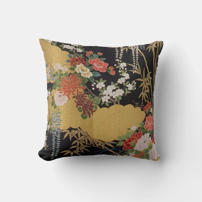 Coussin Noir et or traditionnel japonais Kimono floral (Recto)
