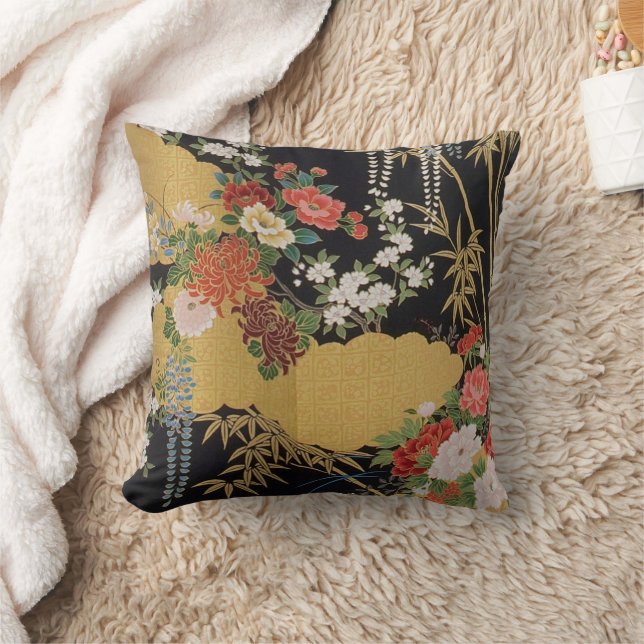 Coussin Noir et or traditionnel japonais Kimono floral (Couverture)