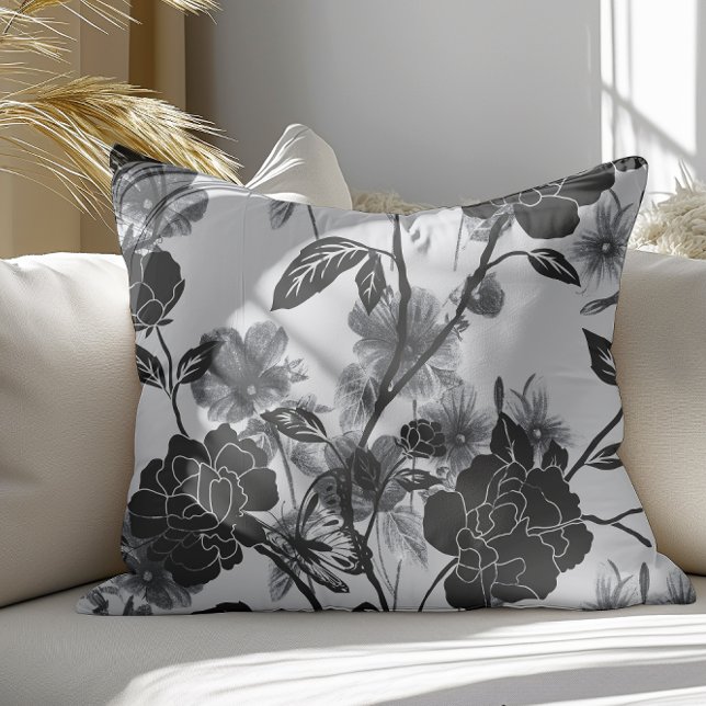Coussin Noir floral papillon moderne (Créateur téléchargé)