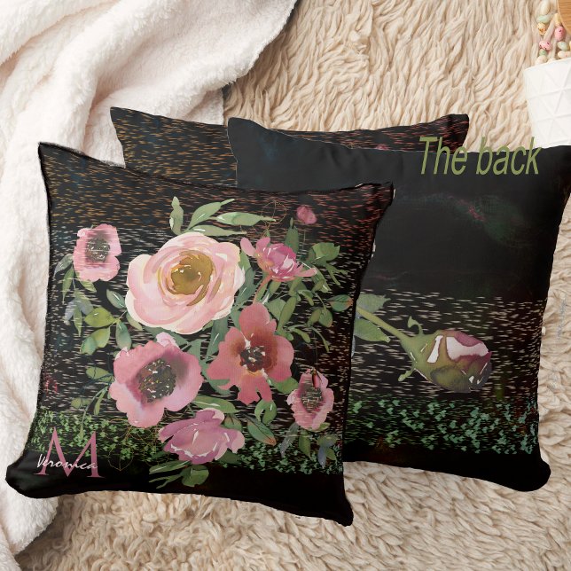 Coussin Noir Floral Rose (Pink floral black throw pillow double -sided)