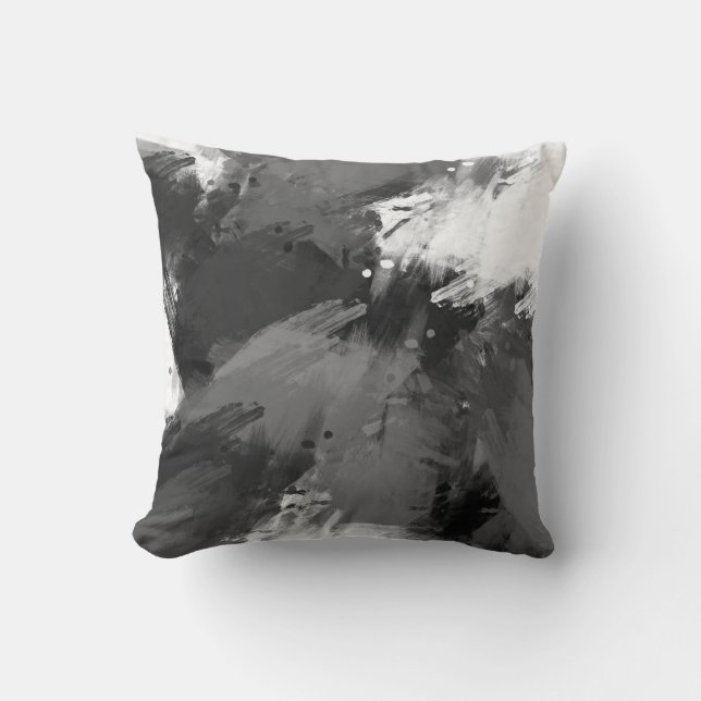 Coussin Noir Gris Blanc Abstrait Brosse moderne  (Recto)