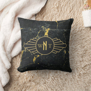 Coussin Noir Marbre trois lettres Monogramme Art Déco