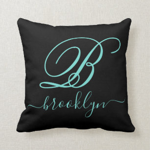 Coussin Noir moderne Turquoise manuscrit Monogramme