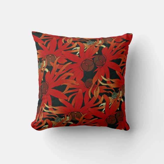 Coussin Noir & Rouge Orange Bold Élégant Abstrait Floral (Recto)