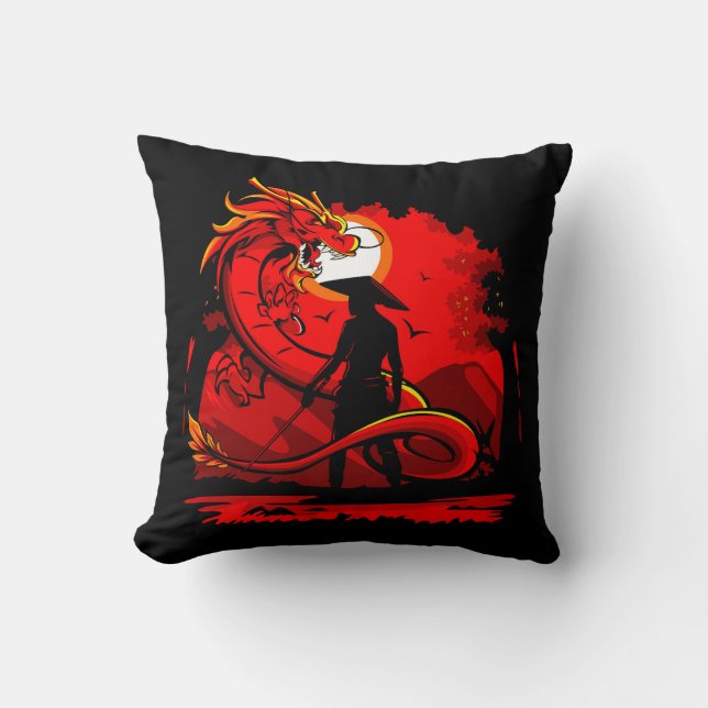 Coussin Noir Samurai Dragon Rouge Style japonais | (Recto)