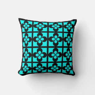 Coussin Noir sur floral géométrique bleu aqua