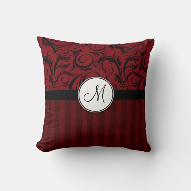 Coussin Noir sur les mèches et les rayures florales rouges (Recto)