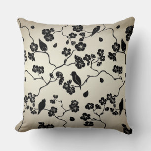 Coussin Noir sur les oiseaux Motifs de bronze et fleurs de