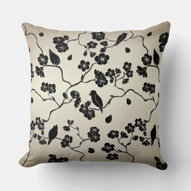 Coussin Noir sur les oiseaux Motifs de bronze et fleurs de (Recto)