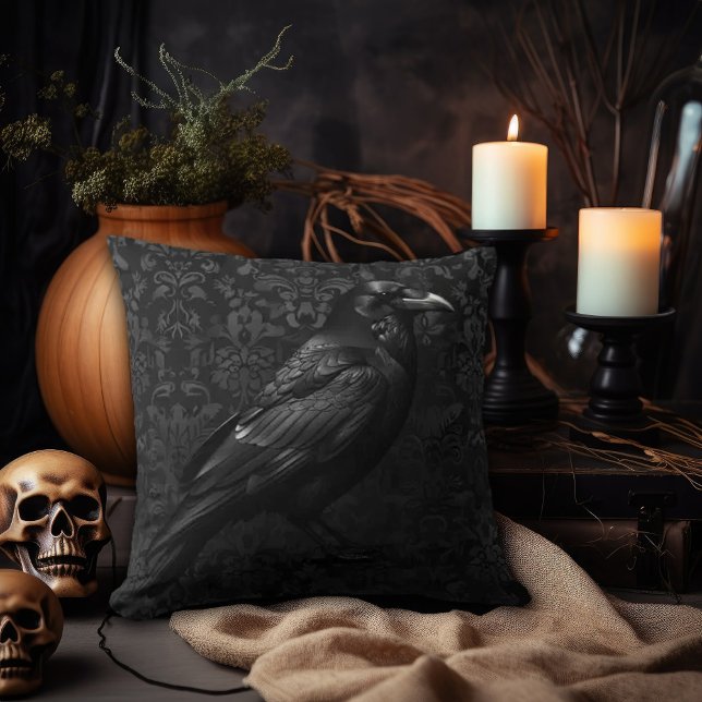 Coussin Noir sur Noir Damas Raven Design (Créateur téléchargé)