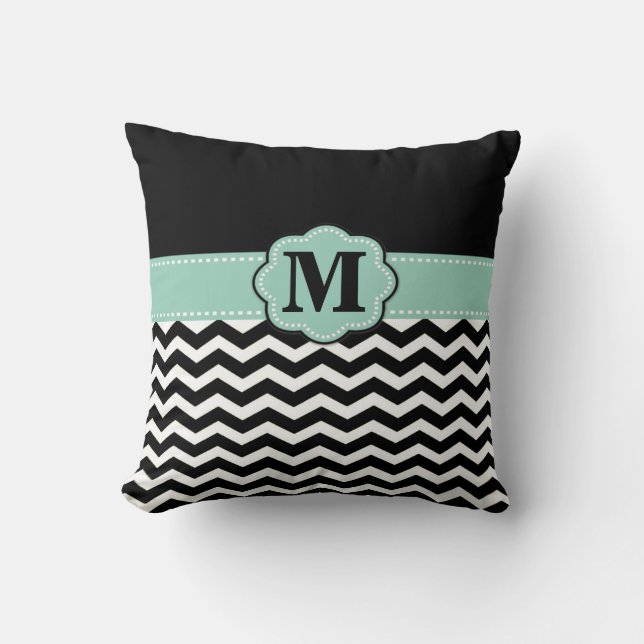 Coussin noir turquoise de monogramme de Chevron (Recto)