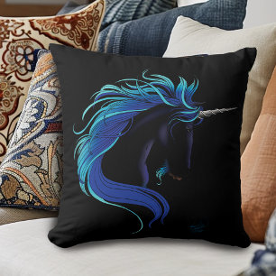 Coussin Noir Unicorne Bleu argent