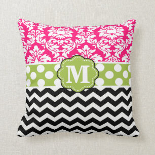 Coussin noir vert rose de monogramme de Chevron de