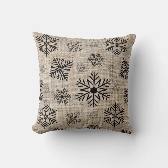 Coussin Noirs de flocons noirs de Burlap (Recto)