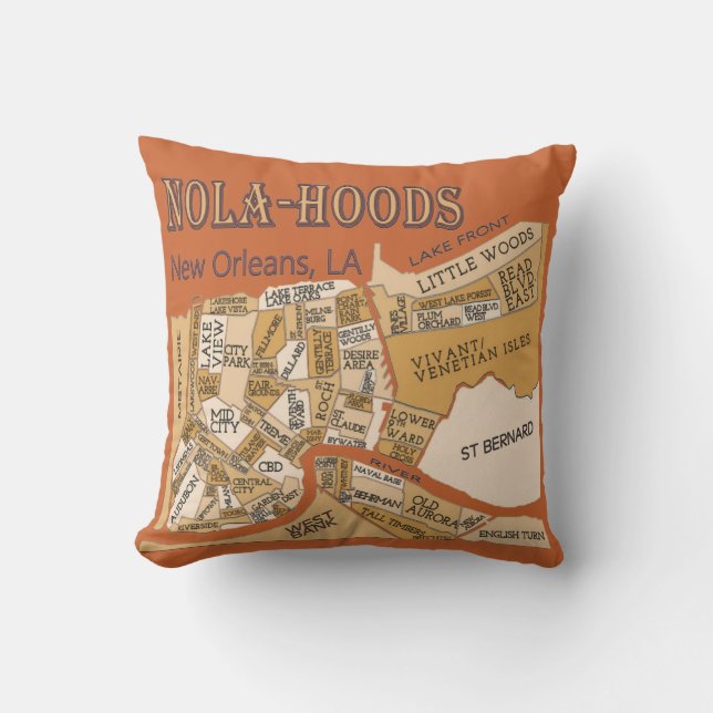 Coussin Nola-Hoods, Cartes De Quartier De La Nouvelle-Orlé (Recto)