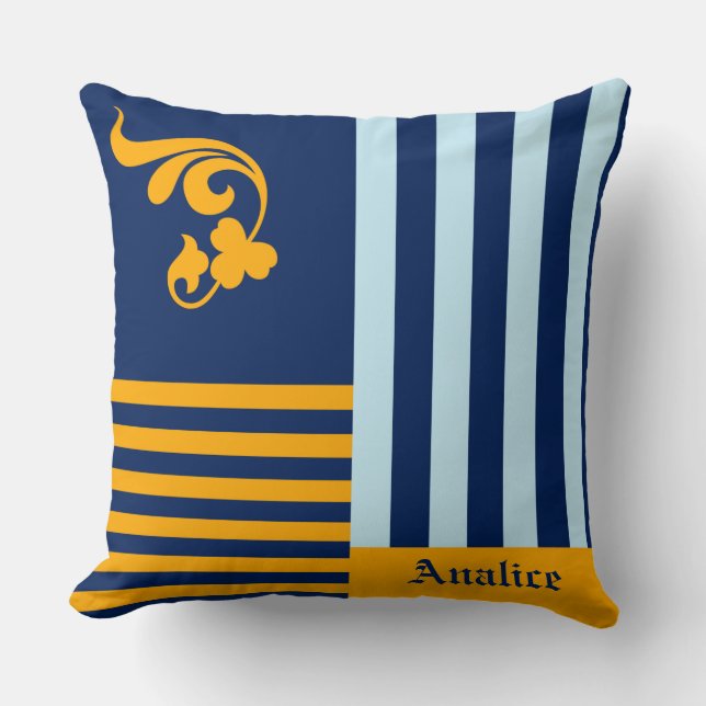 Coussin Nom à rayure dorée Navy (Recto)