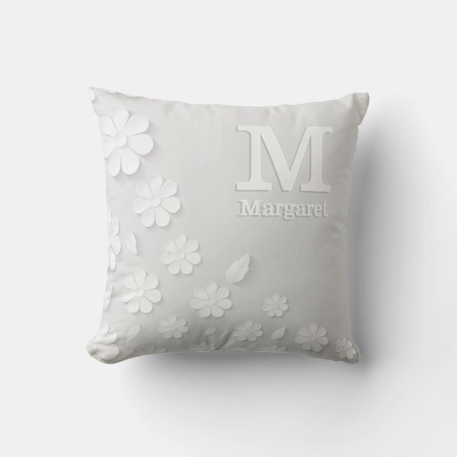 Coussin Nom à relief floral blanc initiales personnalisées (Recto)