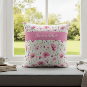 Coussin Nom aquarelle fleur sauvage rose