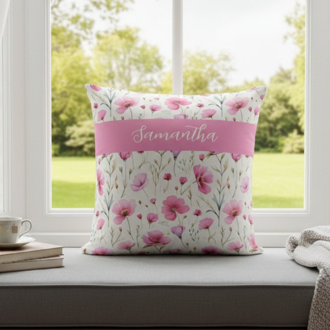 Coussin Nom aquarelle fleur sauvage rose  (Créateur téléchargé)